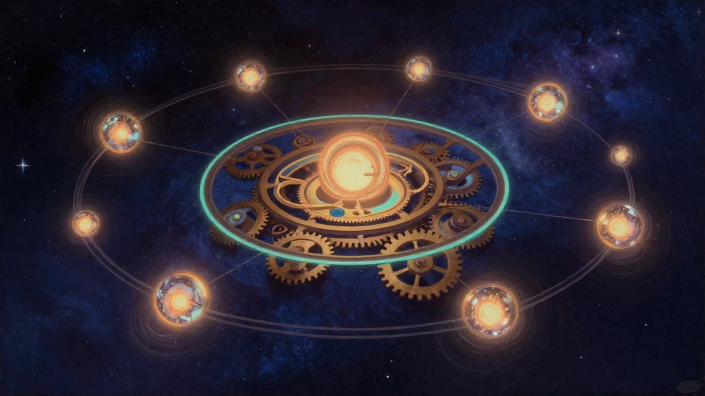 Aeon - infinite cosmic clockwork with skill-orbs orbiting a central identity sigil