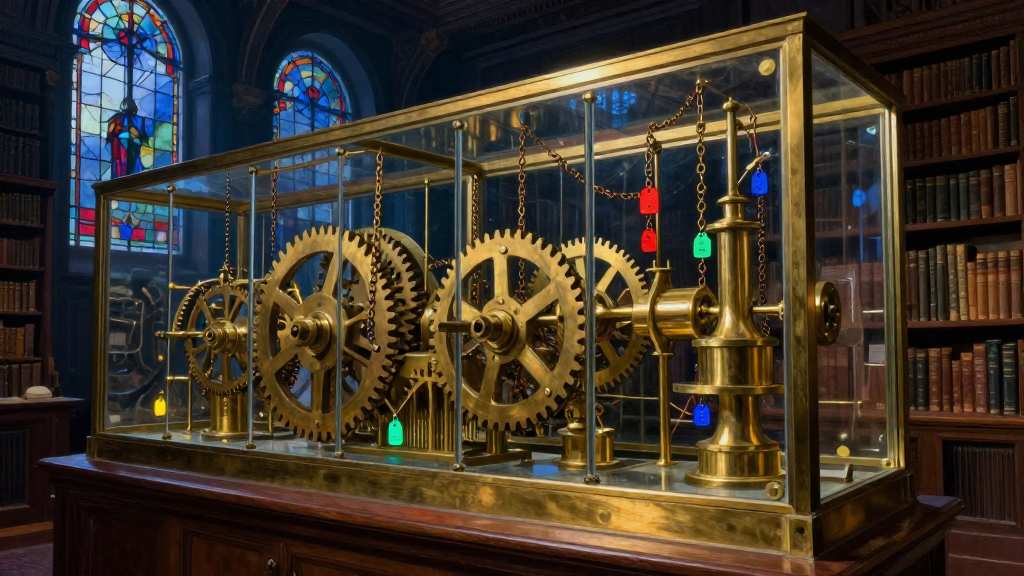 Analytical Engine - brass-and-glass reasoning machine in a midnight library