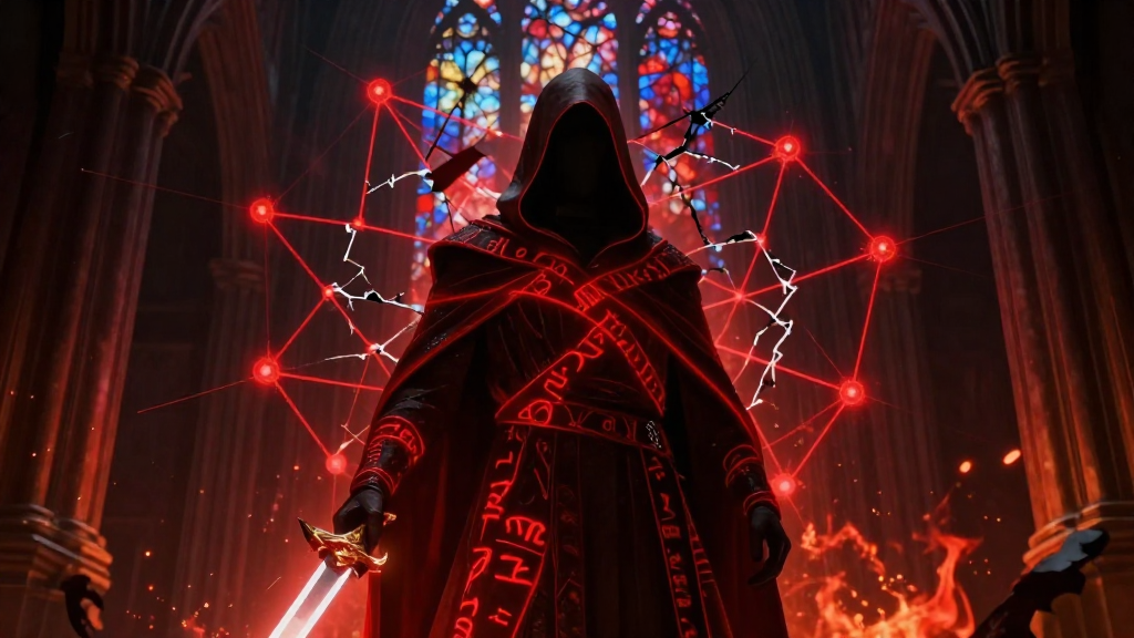 APEX SECURITY AUDITOR - hooded sentinel wreathed in red threat-vector glyphs