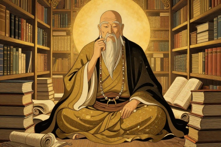 Anthropic Claude - woodblock oracle in a library