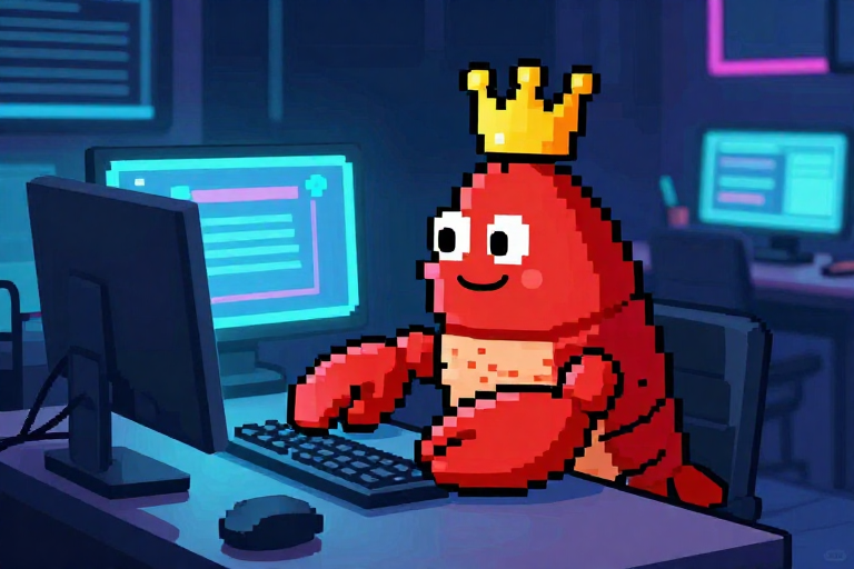 Clawd - pixel art lobster at a computer