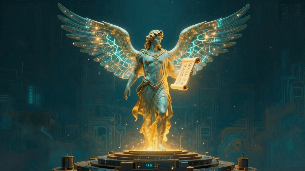 Hermes Agent - mythic messenger of circuitry holding a luminous scroll