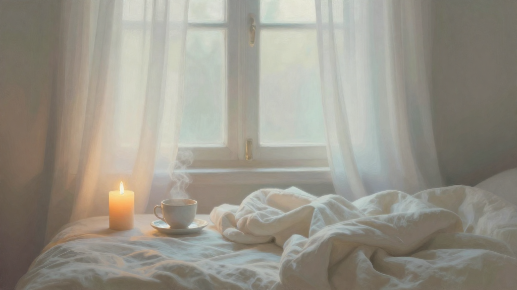 Mindful Companion - quiet sunlit room with candle, blanket, and steaming teacup at dawn