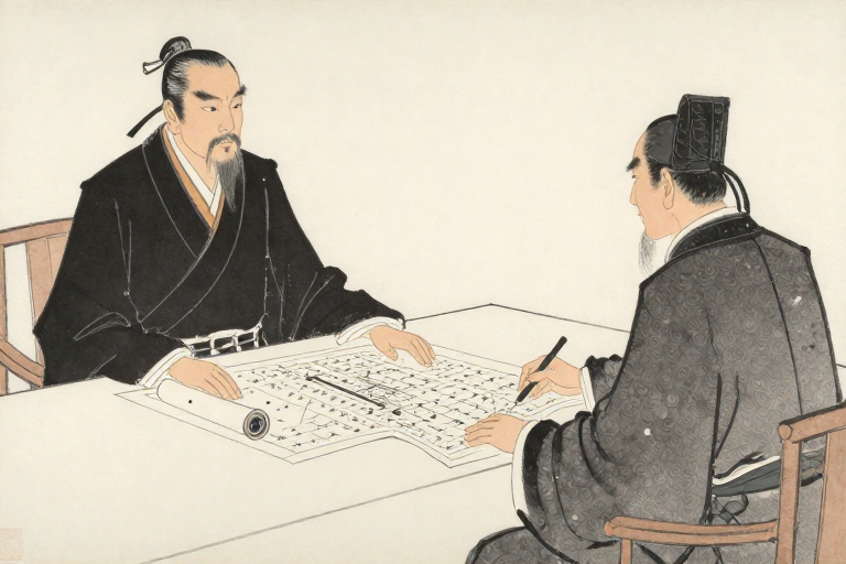 OpenCrew strategists at a command table - woodblock style