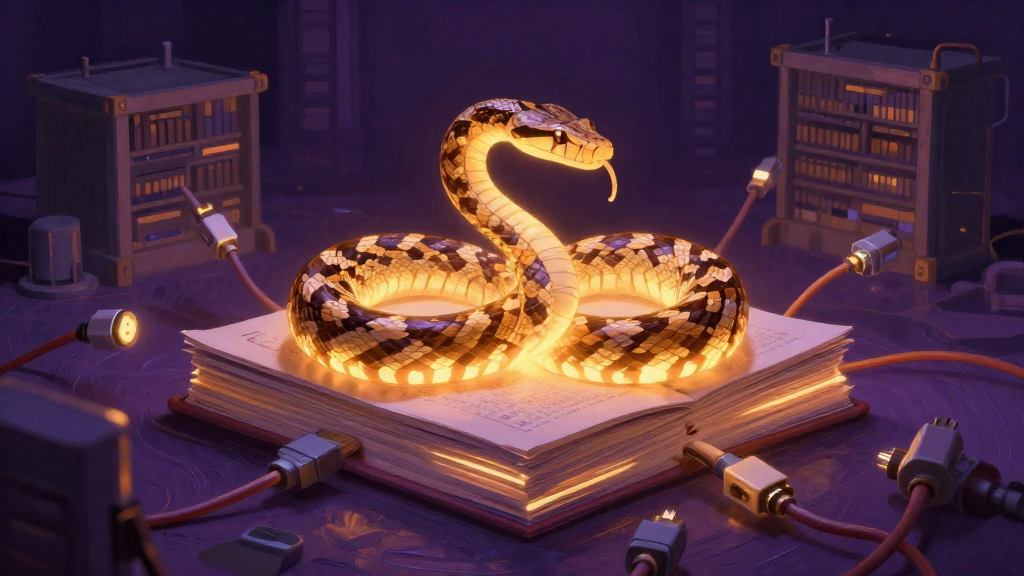 soul.py - a glowing python snake coiled around a stack of luminous markdown manuscripts