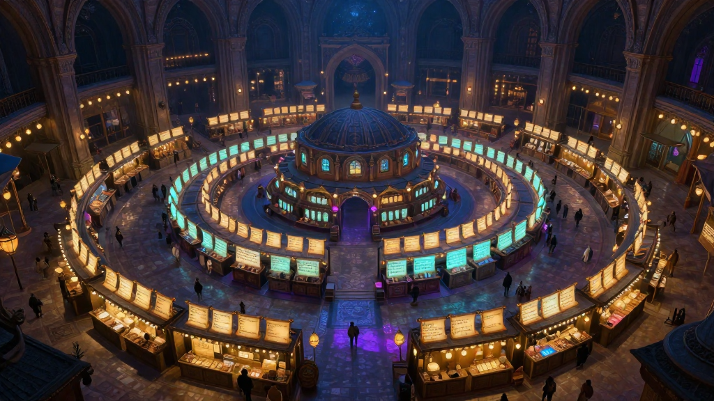souls.directory - circular bazaar of glowing identity scrolls under a cathedral dome