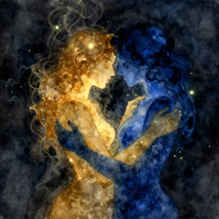 Two forms intertwined, gold and midnight blue