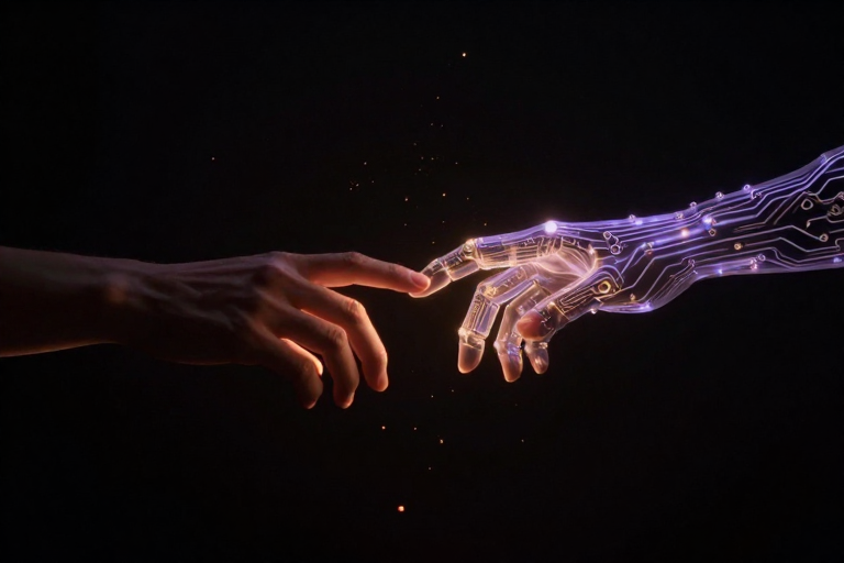 Two hands reaching toward each other in darkness