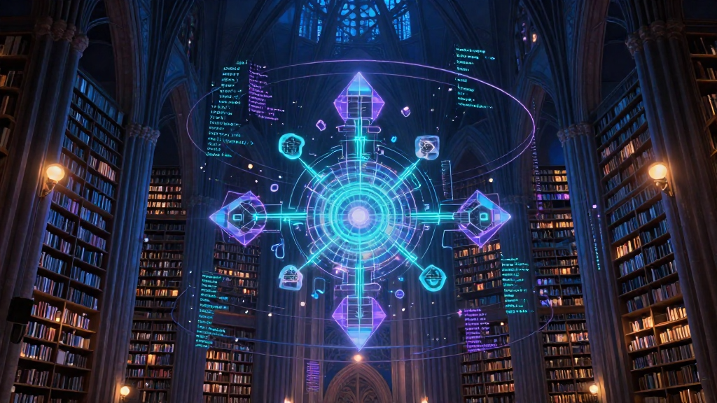 A cathedral-library of standards and souls converging into a luminous central schema